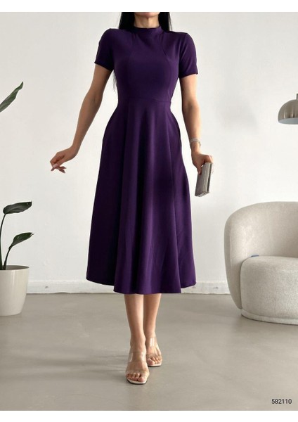 Kısa Kollu Cepli Uzun Krep Kumaş Elbise Mor 582110 fiyatları