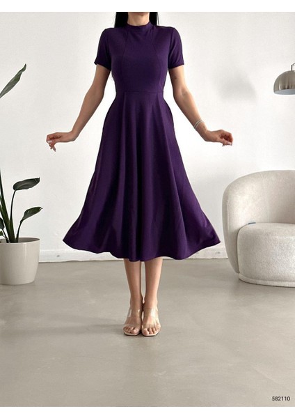 Kısa Kollu Cepli Uzun Krep Kumaş Elbise Mor 582110 modelleri