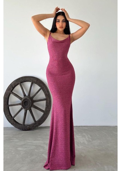 Askılı Sırt Kare Yaka Flower Kumaş Elbise Fuşya 582926