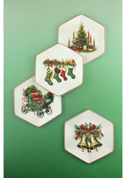 Red Jingle Bells 4 Parça Porselen Tatlı/kurabiye Tabağı