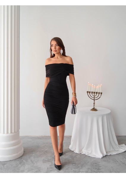 Sendy Midi Boy Elbise Büzgülü Degaje Yaka 583279 Siyah