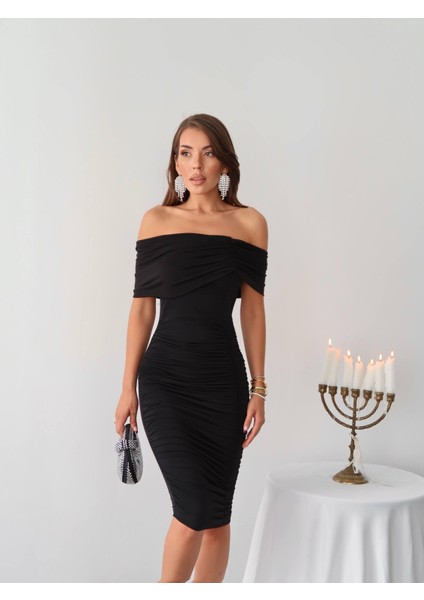 Sendy Midi Boy Elbise Büzgülü Degaje Yaka 583279 Siyah modelleri