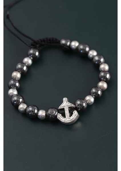 Doğal Taş Çapa Model Gümüş ve Füme Renk Asansörlü Erkek Bileklik fiyatları