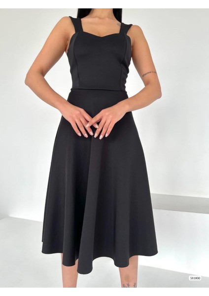 Scuba Kumaş Kloş Etek Askılı Abiye ve Mezuniyet Elbise 581800 Siyah modelleri