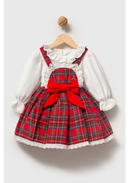 Kareli Fiyonk Detaylı Kız Çocuk Elbise – Uzun Kollu Gömlekli 2’li Takım