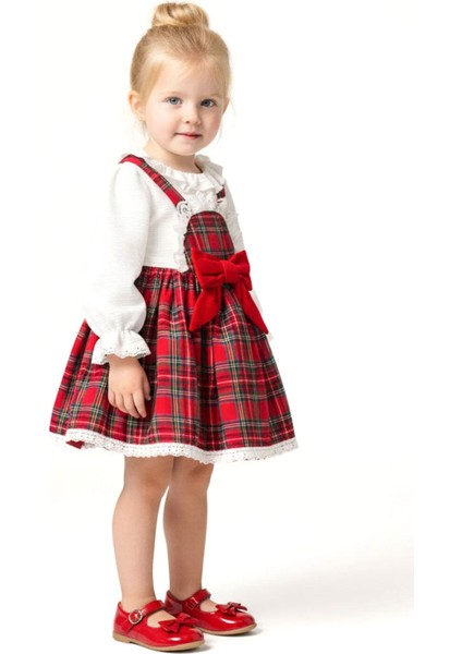 Kareli Fiyonk Detaylı Kız Çocuk Elbise – Uzun Kollu Gömlekli 2’li Takım modelleri