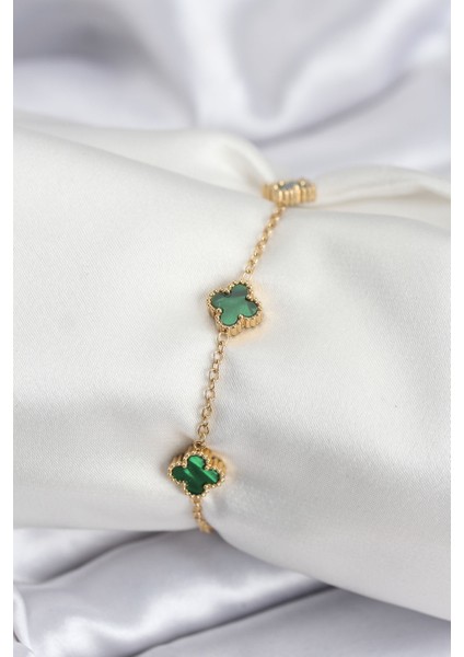 316L Çelik Gold Renk Yeşil Baby Boy Yonca Kadın Bileklik