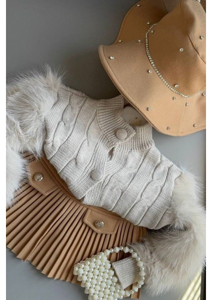 Kolları Kürklü Triko 4 Parça Kız çocuk takım - Camel indirimleri