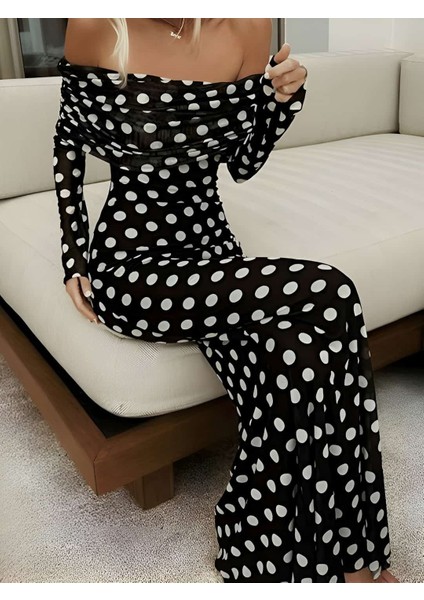 Puantiyeli Madonna Yaka Tül Elbise
