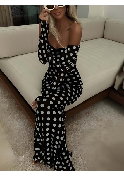 Puantiyeli Madonna Yaka Tül Elbise