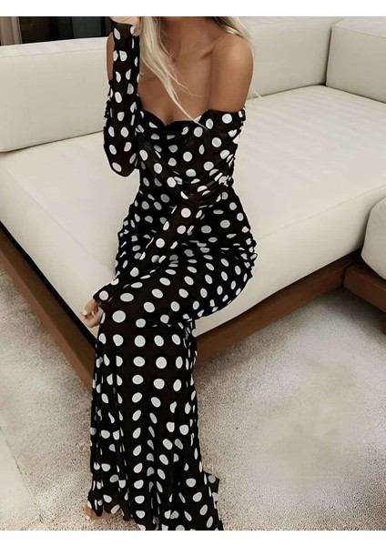 Puantiyeli Madonna Yaka Tül Elbise