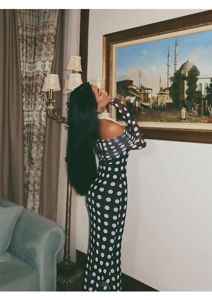 Puantiyeli Madonna Yaka Tül Elbise