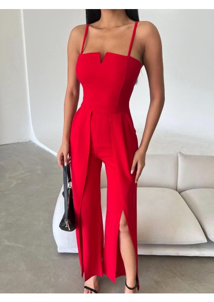 Krep Kumaş Askılı Yaka ve Yırtmaç Detaylı Tulum 582232 Kirmizi fırsatları