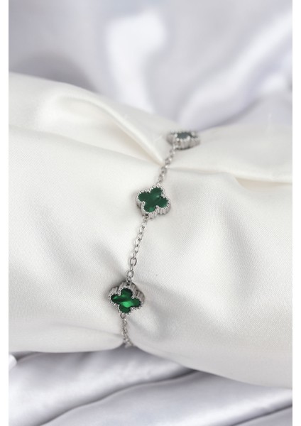 316L Çelik Gümüş Renk Yeşil Baby Boy Yonca Kadın Bileklik