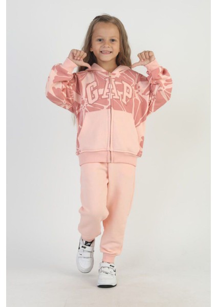 Çiçek Desenli Kapüşonlu 2’li Eşofman Takımı - Somon