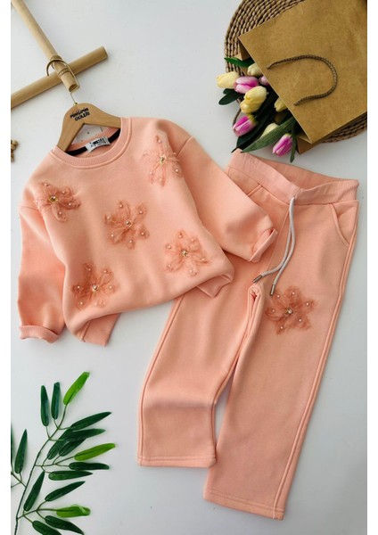 Zambak Tül Detaylı Kışlık Kız Çocuk 2 li takım - Somon