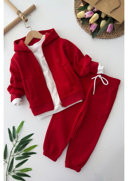 Kapüşonlu Fermuarlı 2’li Unisex Çocuk Kışlık eşofman takımı - Kırmızı