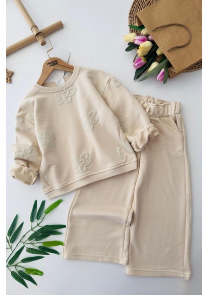 Simli Papatya Detaylı Kız Çocuk Oversize 2 li takım - Krem