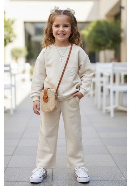 Simli Papatya Detaylı Kız Çocuk Oversize 2 li takım - Krem fiyatları