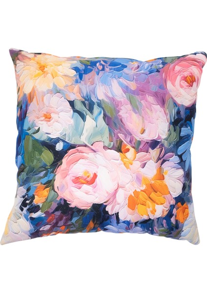 İçi Dolu Krep Örgü Üzerine Dijital Baskılı Kırlent 45x43 cm | Mavi Ağırlıklı Çiçekli Dekoratif Yastık