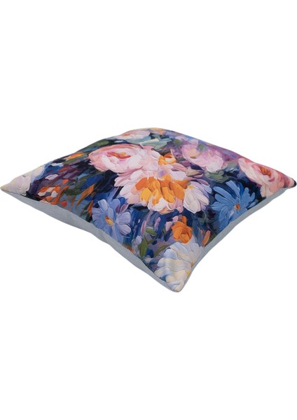 İçi Dolu Krep Örgü Üzerine Dijital Baskılı Kırlent 45x43 cm | Mavi Ağırlıklı Çiçekli Dekoratif Yastık fiyatları