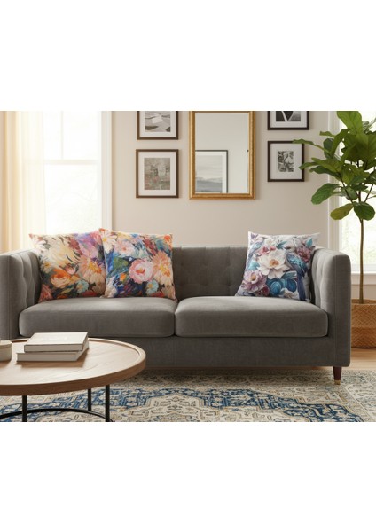 İçi Dolu Krep Örgü Üzerine Dijital Baskılı Kırlent 45x43 cm | Mavi Ağırlıklı Çiçekli Dekoratif Yastık modelleri