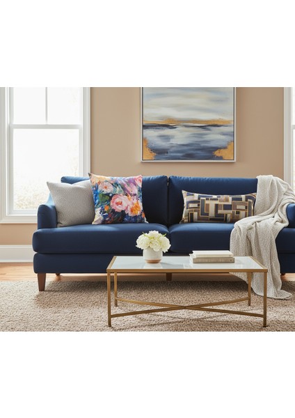 İçi Dolu Krep Örgü Üzerine Dijital Baskılı Kırlent 45x43 cm | Mavi Ağırlıklı Çiçekli Dekoratif Yastık indirimleri