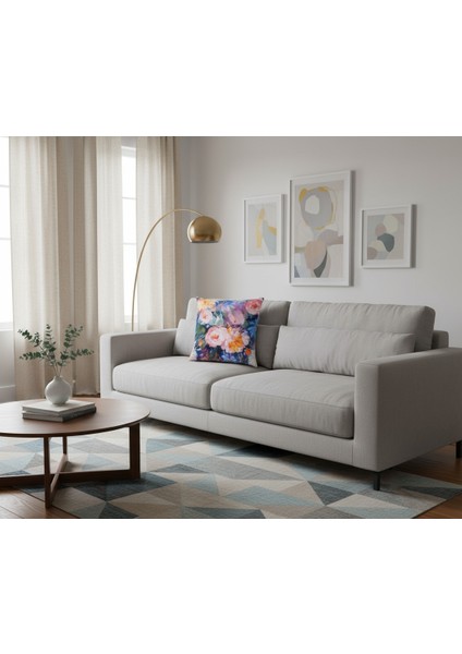 İçi Dolu Krep Örgü Üzerine Dijital Baskılı Kırlent 45x43 cm | Mavi Ağırlıklı Çiçekli Dekoratif Yastık