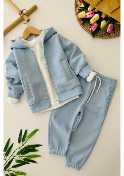Kapüşonlu Fermuarlı 2’li Unisex Çocuk Kışlık eşofman takımı - Mavi