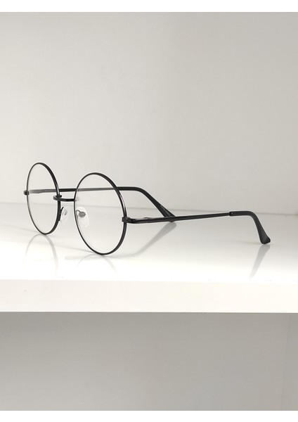 Şeffafcamlı Retro Yuvarlak Siyah Gözlük Metal Çerçeve