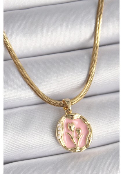 316L Çelik Gold Renk Italyan Zincir Pembe Çiçek Madalyon Model Kadın Kolye