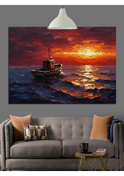 Gün Batımında Tekne ve Deniz Dekoratif Kanvas - Mdf Ahşap Tablo