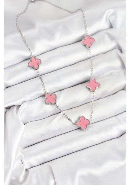 316L Çelik Zincir Gümüş Pembe Renk Yonca Kadın Kolye fiyatları