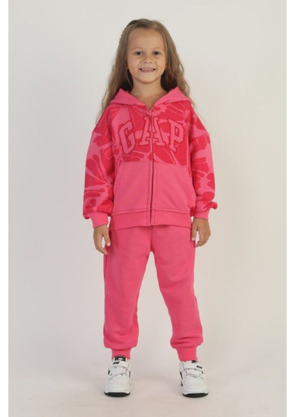 Çiçek Desenli Kapüşonlu 2’li Eşofman Takımı - Fuşya