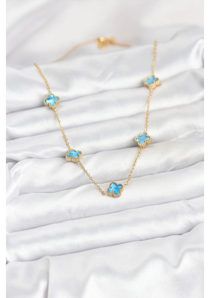 316L Çelik Zincir Gold Renk Buz Mavisi Baby Boy Yonca Kadın Kolye fiyatları