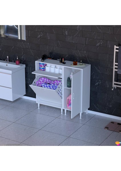 MODİLAYN YENİCE Çok Amaçlı Banyo Dolabı 90 x 97.5 x 32 cm Kirli Çamaşır Sepetli Dolap fırsatları