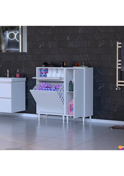 MODİLAYN YENİCE Çok Amaçlı Banyo Dolabı 90 x 97.5 x 32 cm Kirli Çamaşır Sepetli Dolap indirimleri