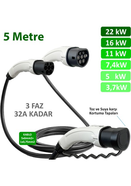 5 Metre, Elektrikli Araç Şarj Kablosu 22KW-16KW-11KW-7,4KW-5KW-3,7KW 32A Kadar -Tr-Ab Tüm Tip 2 Araçlara Uyumlu