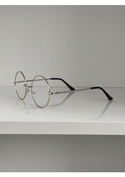 Şeffaf Camlı Retro Yuvarlak Gözlük Gümüş Çerçeve