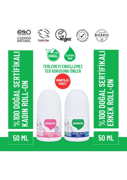 %100 Doğal Roll On Kadın & Erkek Deodorant Ter Kokusu Önleyici Bitkisel Lekesiz Vegan 50 ml Set