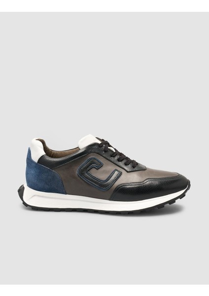 %100 Hakiki Deri Siyah-Gri Süet Karışımlı Erkek Spor Ayakkabı
