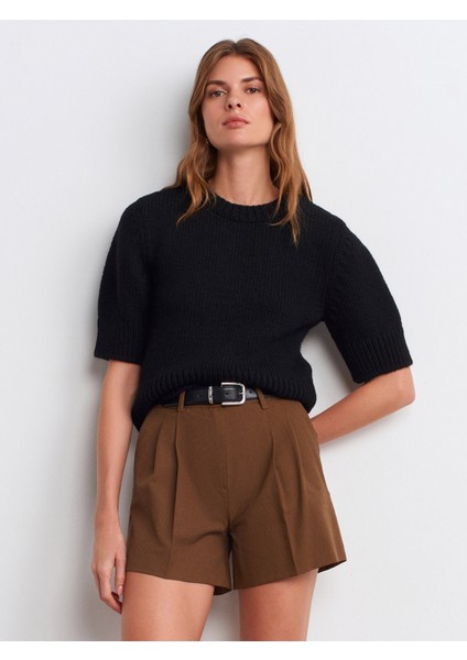 10821 Bisiklet Yaka Kısa Kol Triko Kazak-Siyah