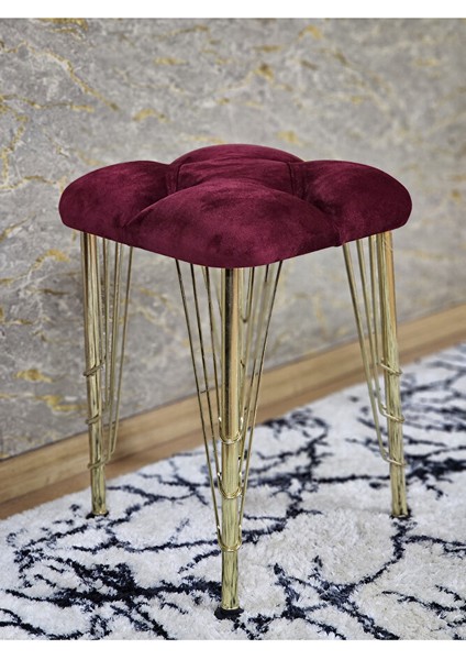 Kare Gold Kaplama Telli Ayaklı Tabure - Oturak - Bar Taburesi - Ayaklı Tabure Bordo Renk 48 x 33 Boyut/ebat