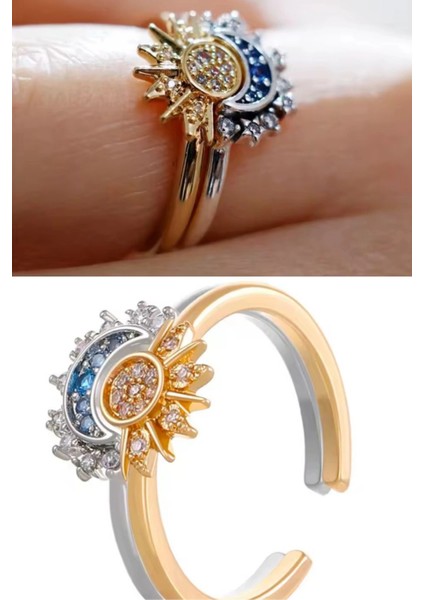 İthal Seri 2'li Kombinlenebilir Zirkon Taşlı Güneş Ay Tasarım Ayarlanabilir Kadın Arkadaş Yüzüğü