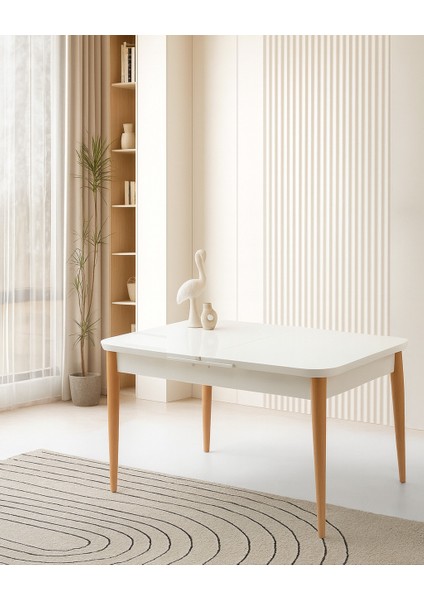 Ortadan Açılır Büyüyen Yemek Masası Beyaz-Naturel Ayaklı 80 x 130 cm Sadece Masa Fiyatıdır