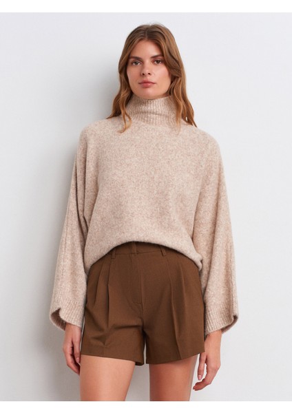 10817 Yarasa Kol Yün Karışımlı Triko Kazak-Bej Melanj