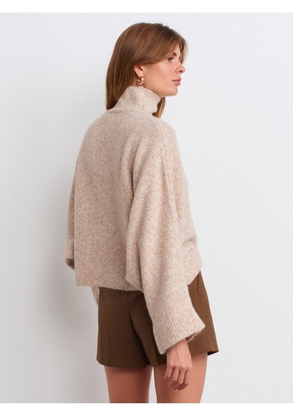 10817 Yarasa Kol Yün Karışımlı Triko Kazak-Bej Melanj fiyatları