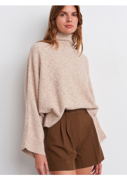 10817 Yarasa Kol Yün Karışımlı Triko Kazak-Bej Melanj modelleri