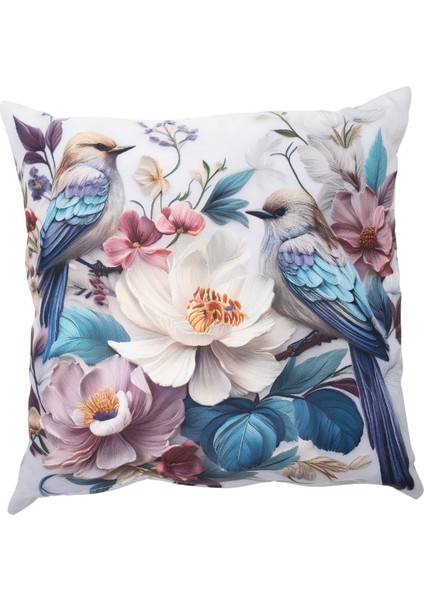 İçi Dolu Krep Örgü Üzerine Dijital Baskılı Kırlent 45x43 cm | Çiçekli Kuş Desenli Dekoratif Yastık
