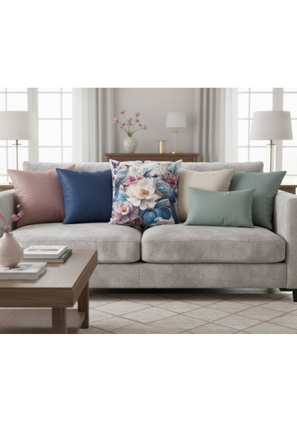 İçi Dolu Krep Örgü Üzerine Dijital Baskılı Kırlent 45x43 cm | Çiçekli Kuş Desenli Dekoratif Yastık